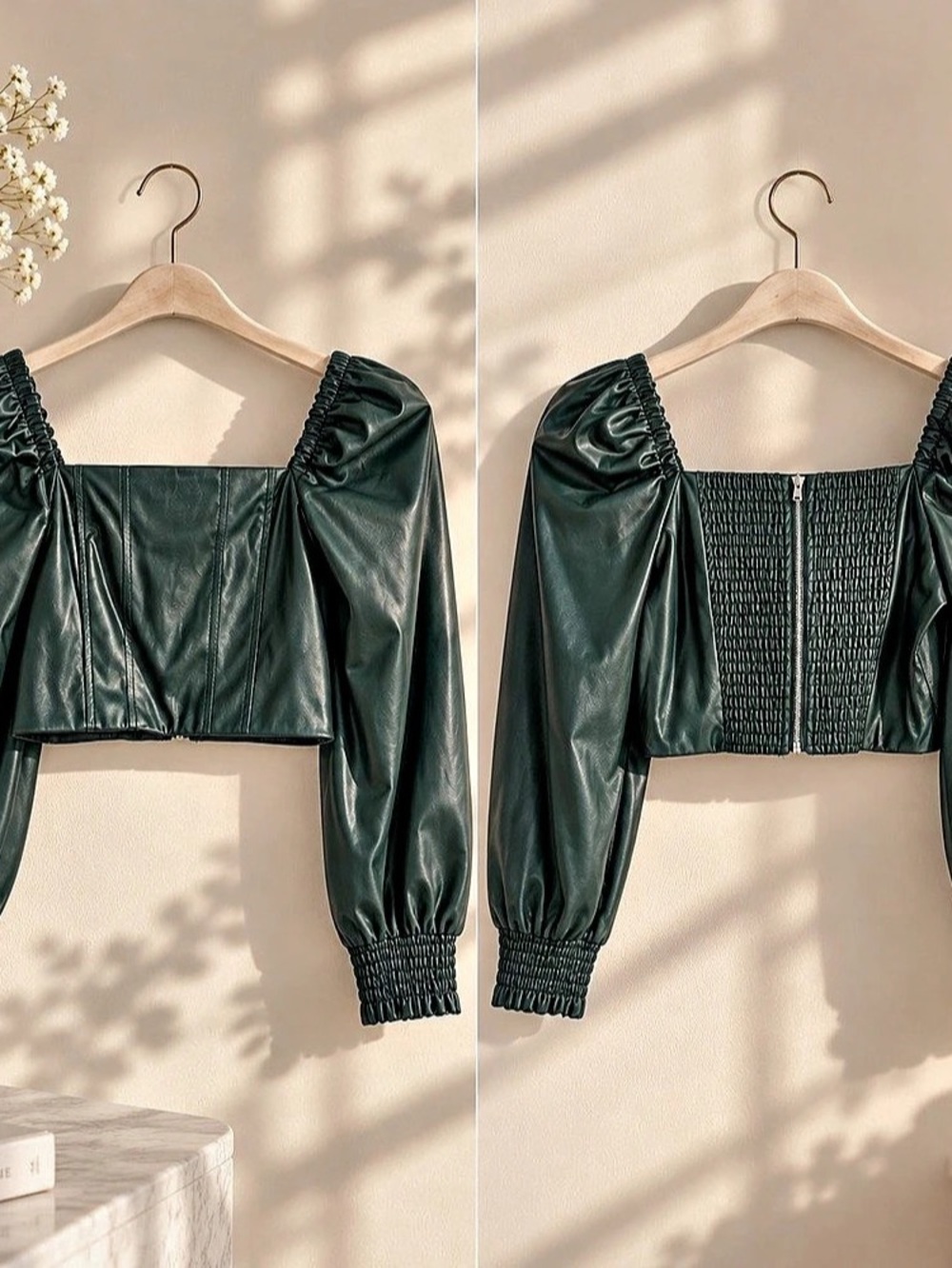 Faux Leather Crop Top Black Size XS